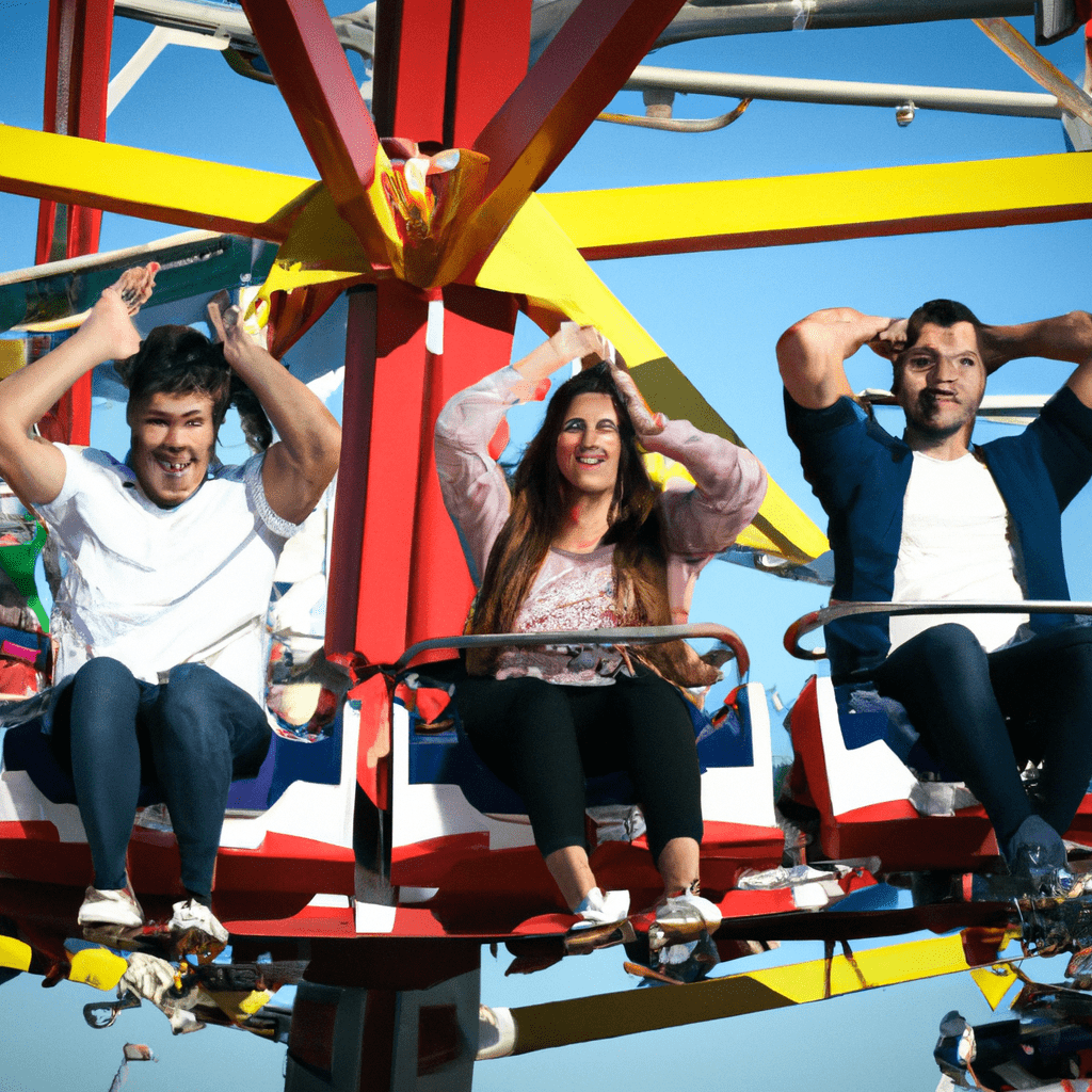 A happy group of friends enjoying thrilling rides and smiles at an amusement park in Spain. Nikon D750, 50mm. No text.. Sigma 85 mm f/1.4. No text.