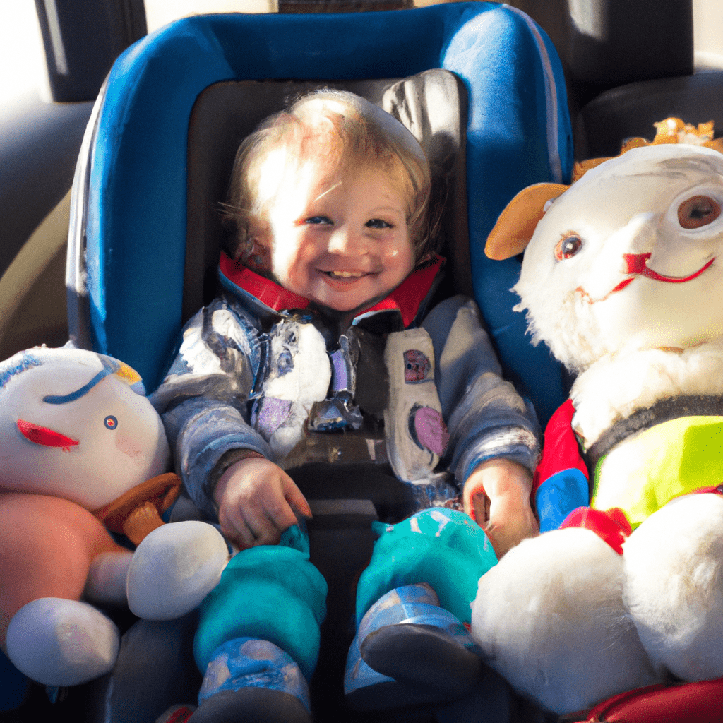A photo of a toddler happily strapped in a colorful car seat on a bus, surrounded by plush toys, emphasizing comfort and safety during travel.. Sigma 85 mm f/1.4. No text.