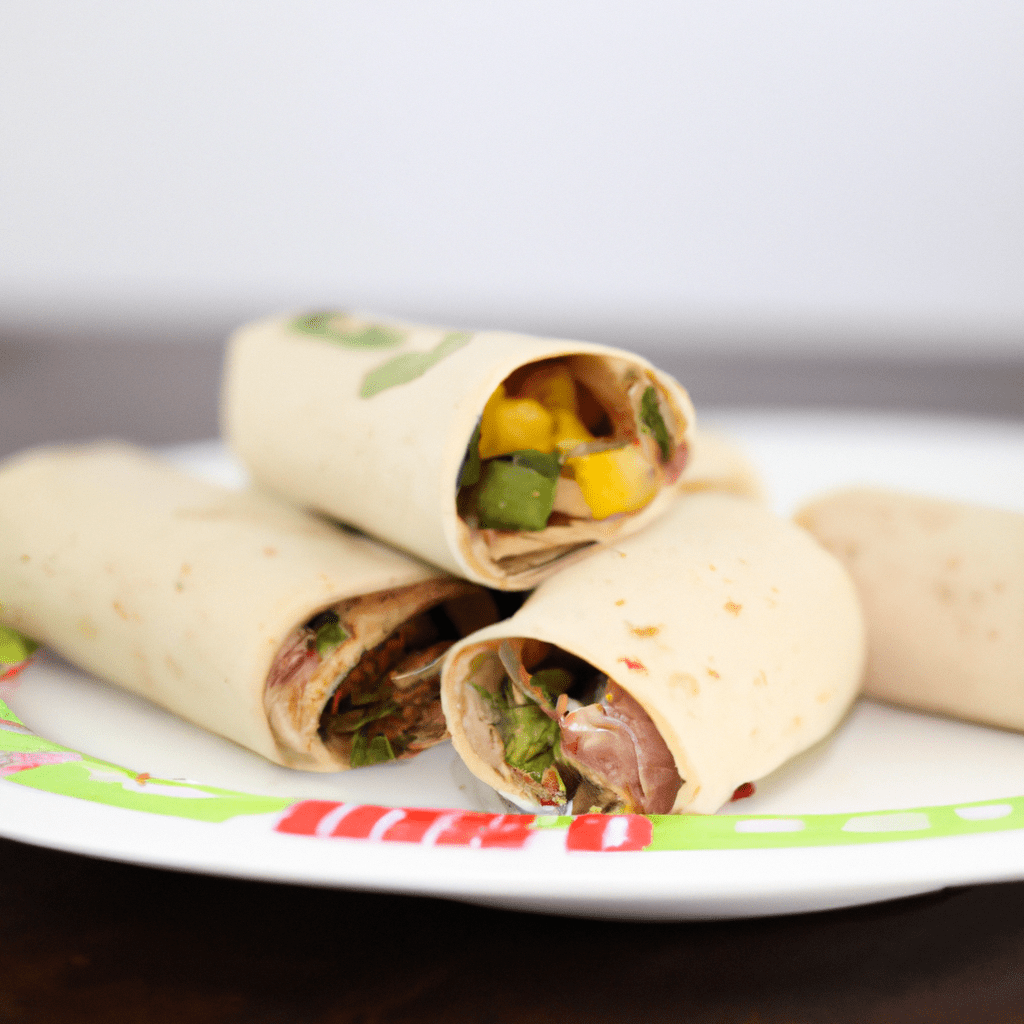 A plate of delicious tortilla rolls filled with meat and vegetables, a nutritious and tasty lunch option for kids. Perfect for school, picnics, or a quick dinner. Give your children a satisfying and energizing meal they will love.. Sigma 85 mm f/1.4. No text.
