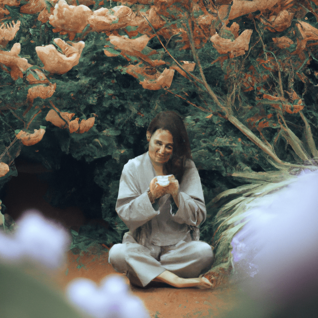 A peaceful mom practicing mindfulness in a serene garden, surrounded by blooming flowers and enjoying a moment of tranquility. Canon 50mm f/1.8. No text.. Sigma 85 mm f/1.4. No text.