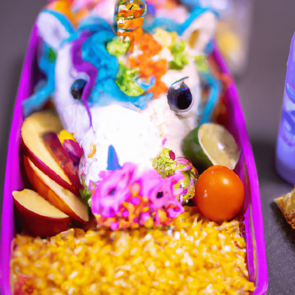 A playful food art masterpiece: a whimsical unicorn-themed lunchbox filled with colorful and healthy surprises, sure to captivate young imaginations. Sigma 85 mm f/1.4. No text.. Sigma 85 mm f/1.4. No text.