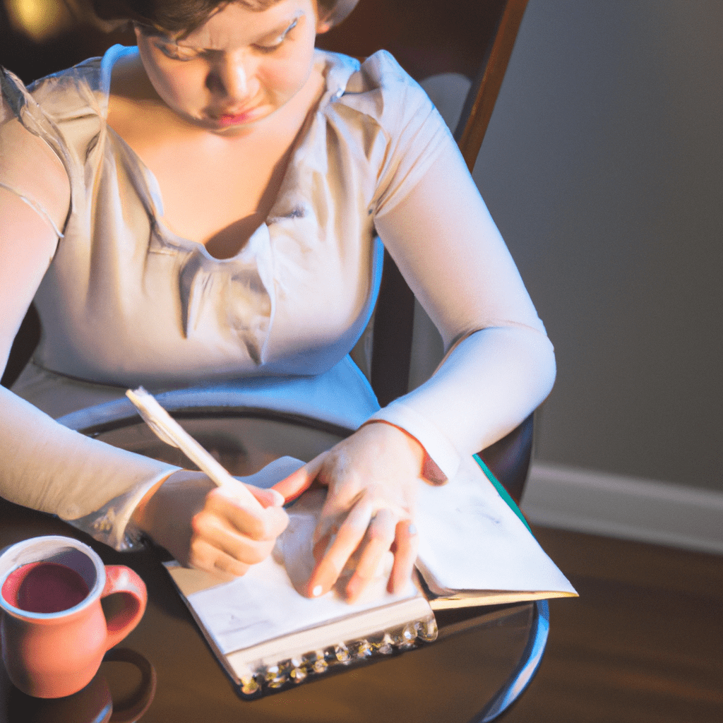 A working mom writing her daily schedule, balancing work and family tasks efficiently with a cup of coffee beside her.. Sigma 85 mm f/1.4. No text.