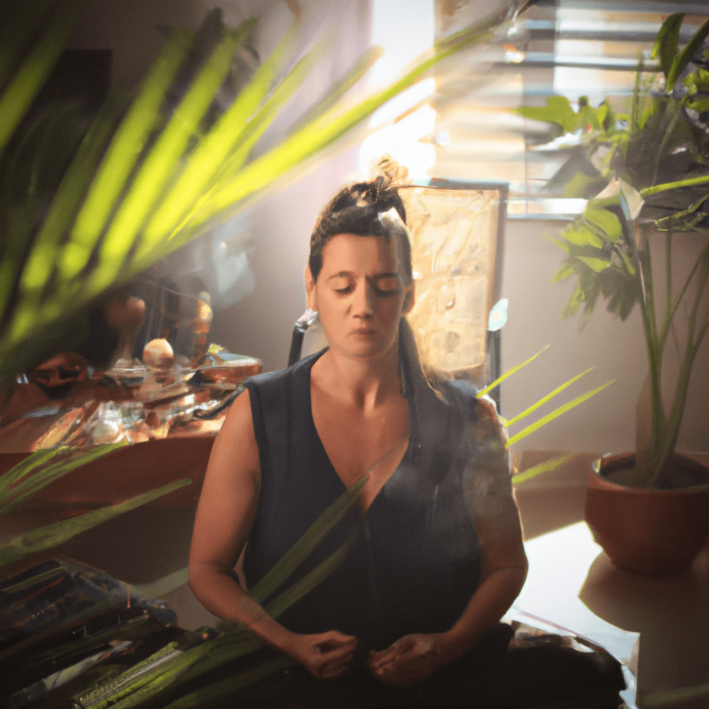 A peaceful mom finding serenity through yoga and meditation in a sunlit room, surrounded by green plants and incense. Canon EOS 5D Mark IV. No text.. Sigma 85 mm f/1.4. No text.