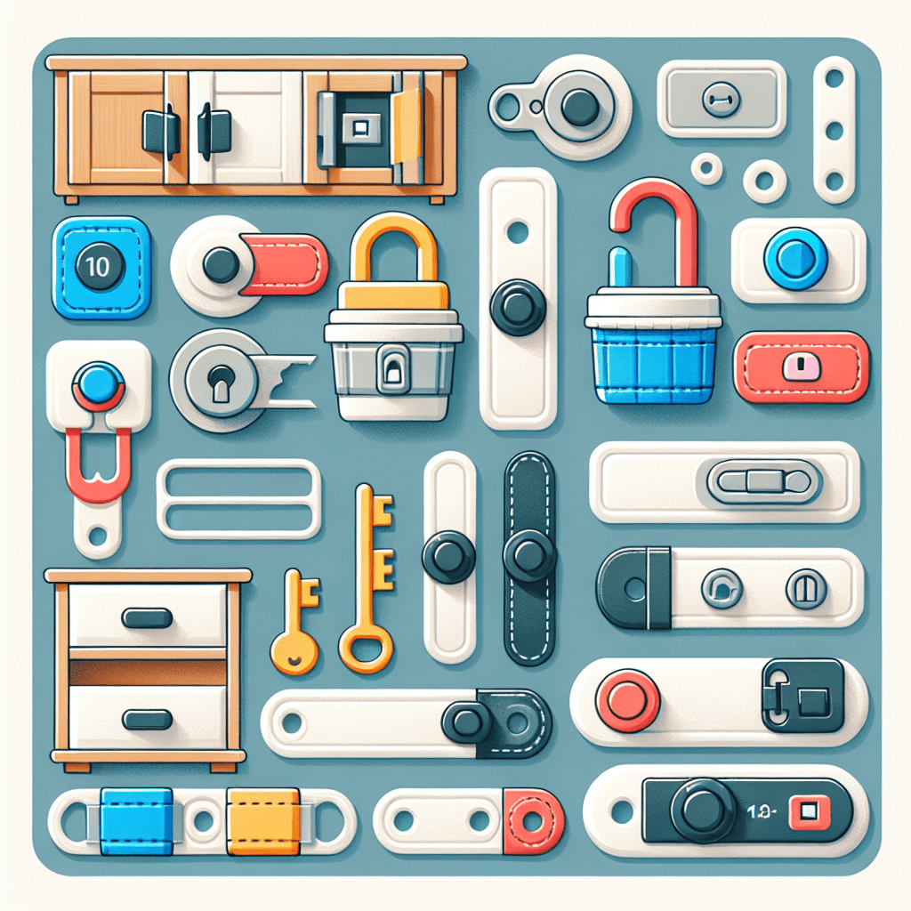 A secure cabinet and drawer lock ensuring child safety. Various types - adhesive straps, magnetic locks, or key-coded covers - offer reliable protection against accidents. Prevent risky situations with quality locks for a worry-free play environment.