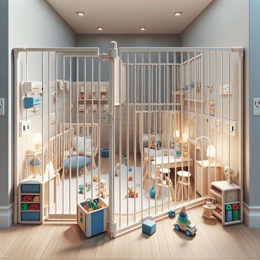 A secure room with safety gates, corner protectors, and outlet covers ensuring a safe environment for children to play and explore.