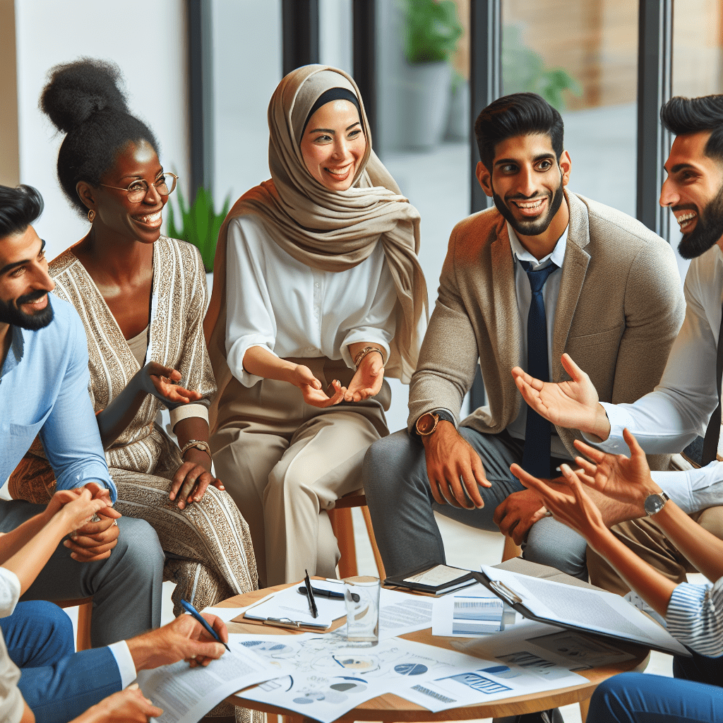 A group of colleagues discussing the benefits of shared maternity leave, sharing experiences and strategies to balance work and family life.