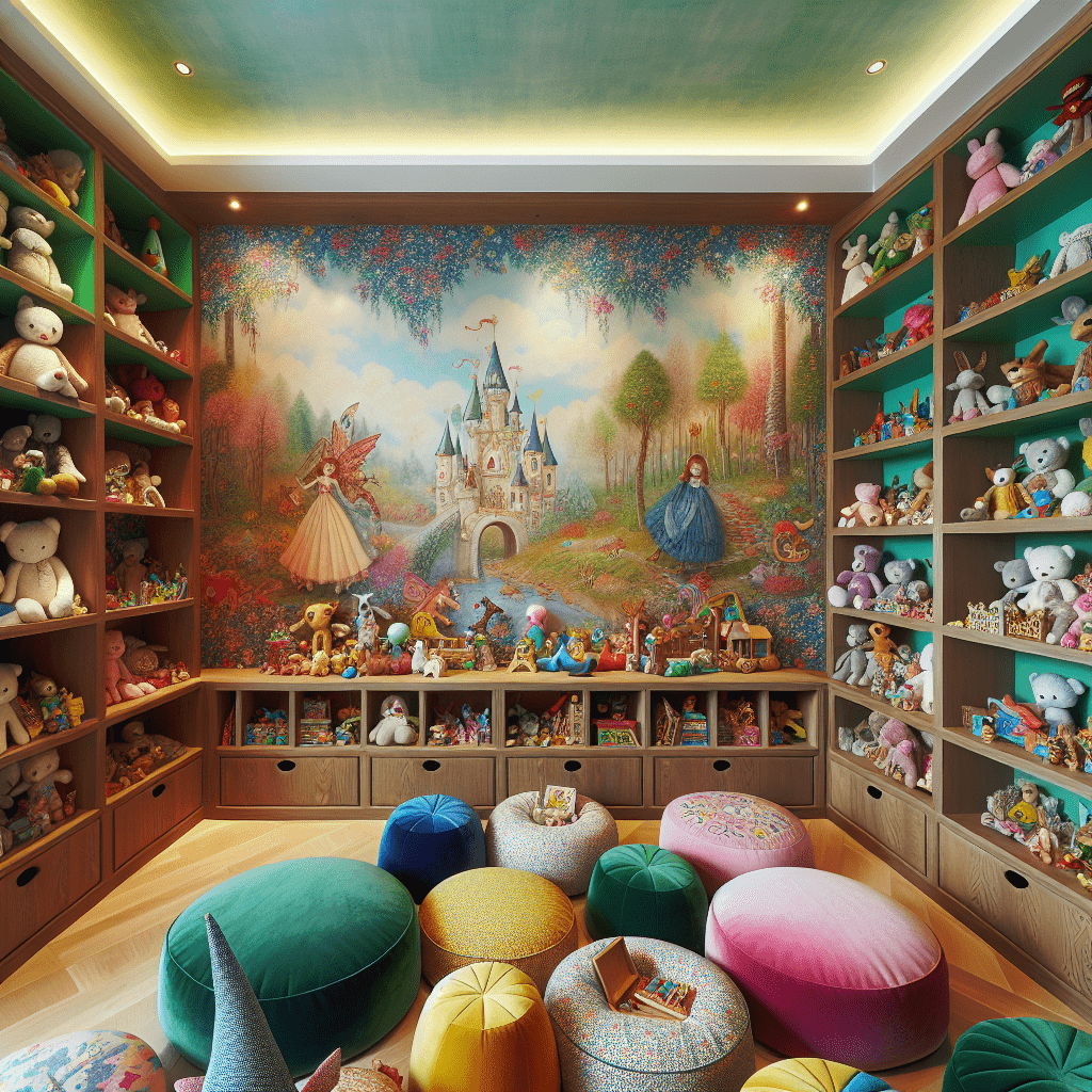 A colorful and playful children's corner with fairy tale wallpapers, wooden shelves for toys, and soft pillows of various shapes and textures, creating a joyful and imaginative space.