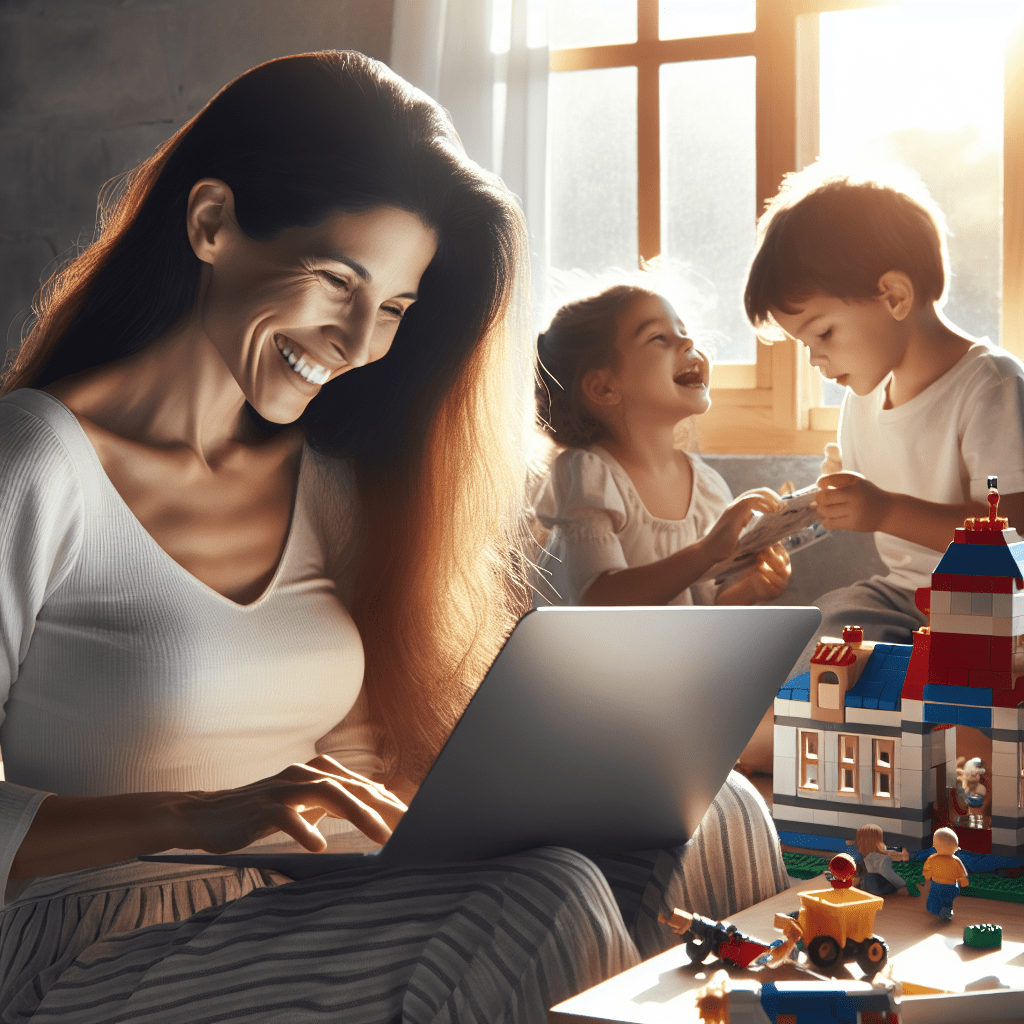 A mother happily reading information about shared maternity benefits online, surrounded by her young children playing in the background.