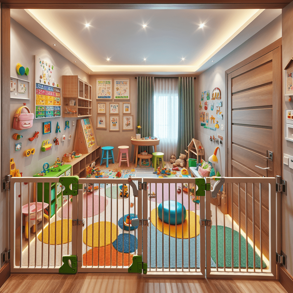A child-friendly room with safety gates, secure furniture, and childproof locks for a safe and fun environment.